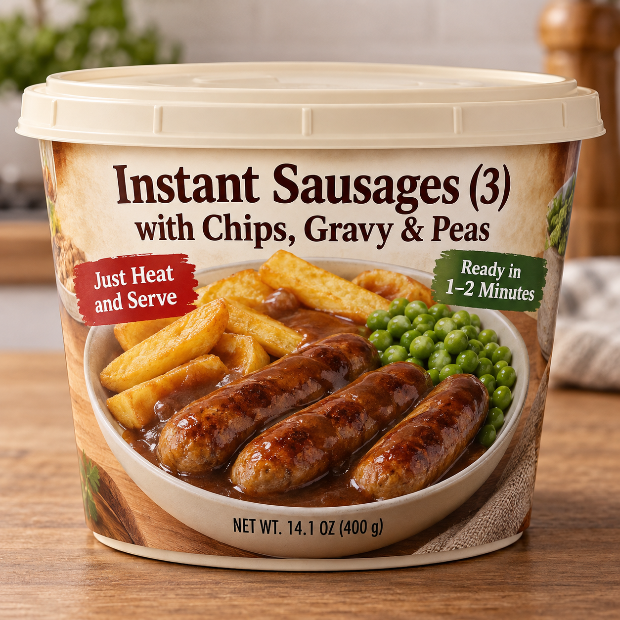 Instant Sausages (3) with Chips, Gravy & Peas (Just Heat and Serve)